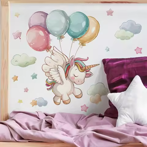 Cartoon Pony Unicorn Balloon Clouds Vinyl Walls Art Stickers Kids Rooms Decoration for Home Nursery 