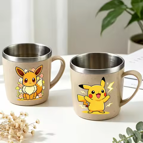Pokemons 304 Stainless Steel Mouth Cup Pikachu Eevee Anime Kawaii Coffee Mug Household Anti-scalding