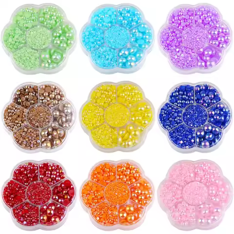 2MM-10MM, Flower Box, 5000pcs/P, AB Colors Flatback Half Round Pearl Rhinestones, Crystal Gems Non H