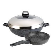Shogun Marble 36 x 11cm Non-stick Wok With Semi Glass Lid, 7.5L (IH) + 16 x 3.9cm Non-stick Frypan S