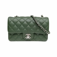 CHANEL CF口蓋包大Mini20cm綠色荔枝牛皮25開銀扣