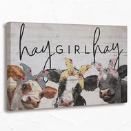Funny Quote Cute Cows Canvas Wall Art Prints,Hay Girl Hay Wood Texture Paintings Prints,11x14 inches