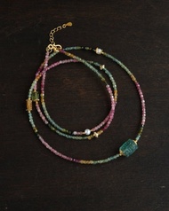 2mm天然原礦 彩虹碧璽 珍珠碧璽隨形螢石回紋桶珠設計多圈手串