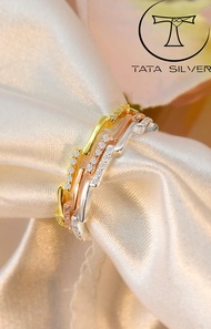 TATA SILVER Sterling 925 Italy Silver with Gold Plated Stylish Korean Fashion Three Ring Multi-toned Design Minimalist Ring for Women