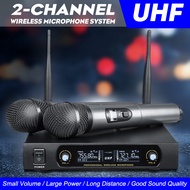 2 Cordless 2 Channel UHF Wireless Microphone System Handheld Mic Karaoke Speech Party Cardioid Microphone Frequency Adjustable 110-240V