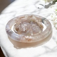 櫻花瑪瑙手鐲 瑪瑙手鐲高級冰粉紫底成形粉花圓條套鐲55-56