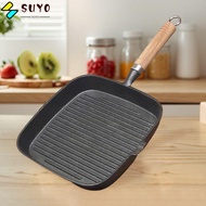 SUYO Cast Iron Skillet, Cast Iron Wooden Handle Steak Pan, Premium Square Design Non-Stick Surface U