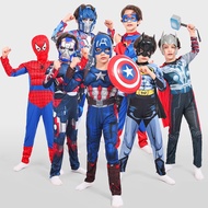 Kids Superhero Muscle Chest Captain America Hulk Iron Man Spider Jumpsuit Cosplay Costume Attached Mask Bodysuit Mask Props