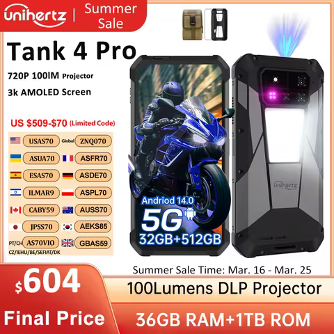 Unihertz by 8849 Tank 4 pro 5G Phone Built-in 720P Projector Dimensity 8300 16GB/18GB 3k AMOLED 1160