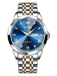 1枚男士石英錶，實心不鏽鋼手鍊與鑽石形設計，時尚商務防水手錶