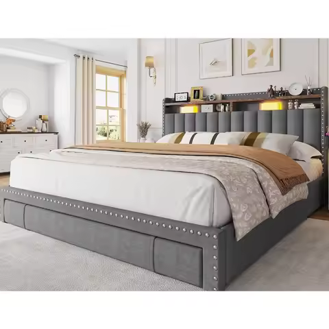 Queen Bed Frame with 3 Drawers,Queen Size Bed Frame with 2-Tier Storage Headboard, Platform Bed Fram