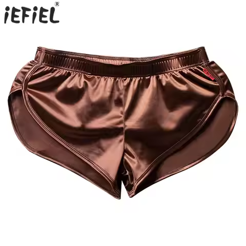 Swimwear Mens Side Split Satin Shorts Built-in Bulge Pouch Boxer Brief Elastic Waistband Pajama Bott