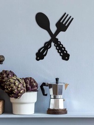 2入組鄉村廚房鐵藝牆飾黑色叉子和勺子金屬標牌農舍家居裝飾