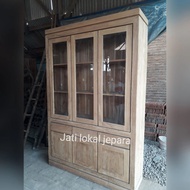 lemari hias bufet minimalis jati 3 pintu kaca