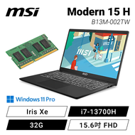 【32G升級版】MSI Modern 15 H B13M-002TW 經典黑 微星13代高效輕薄商務筆電/i7-13700H/Iris Xe/32GB(16G*2)/512G PCIe/15.6吋 FHD/W11 Pro/白色背光鍵盤【筆電高興價】