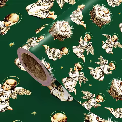 1 Roll of Christmas Wrapping Paper | Green Background with Angel and Baby Jesus Motifs, Suitable for