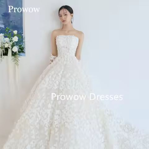 Prowow Luxury A Line Ivory Wedding Dress Korea Photoshoot Strapless Bride Gown 3d Lace Floor Length 