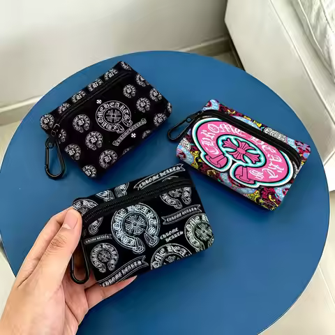 Classic C-Chrome H-Hearts Portable Oxford Fabric Mini Wallet Carabiner Design Small Coin Bag For Car
