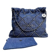 CC Chanel22 Stitched Denim Quilted Blue Limited Tote Bag Preloved, Microchip holo