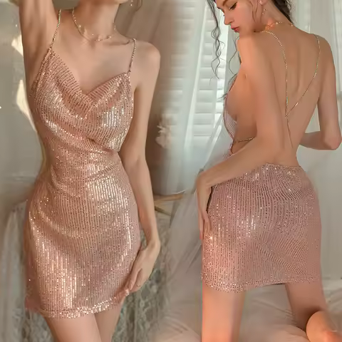 France Fashion Gold sequined backless crossover dress Party Dress Summer Hip wrap suspenders Vacatio