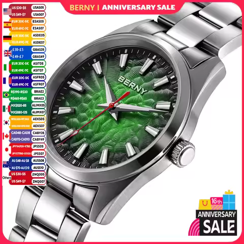 BERNY Watches for Men Luminous Sapphire Quartz Men's Watch Fashion Casual 10ATM Full Stainless Steel