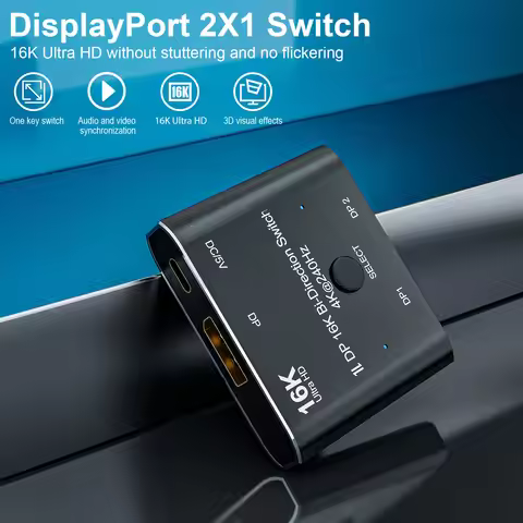 DP 2.0 Switch Splitter Display Port 2.0 4K@240hz 16K@60hz Switcher 80Gbps HDR 3D for Monitor PC Lapt