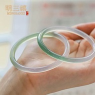 冰種油青色玉髓手鐲 青綠翡翠色瑪瑙叮噹鐲 遠山黛女圓條玉手鐲