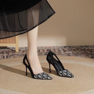 [Available 38] Women's 7cm Pointed Toe High Heels in Black with Luxurious Patterns, Easy to Coordina