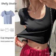 【In stock】Woman BRA top Short-Sleeved Square Neck top Chest Padded T-Shirt Summer Slim-Fit Bottoming Shirt BRA-T WWB1