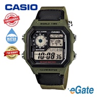 [100% Original] Casio AE-1200WHB-3BV Men Digital WORLD TIME Army Green Case Fabric Strap Sporty Watc