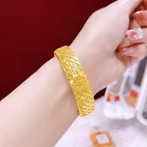 Luxury 24K 9999 Pure Gold Women's Hollow Flower Bracelet Carved Hollow Bracelet