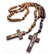 Wooden Rosary Necklace with Crucifix Cross Pendant, 8mm Natural Wood Prayer Beads, Unisex Religious 