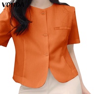 Vonda Women Korean Round Neck Short Sleeves Buttons Solid Colour Blazer