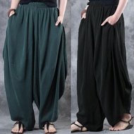 Women Cotton Linen Harlan Elastic Baggy Pockets Solid Long Pants