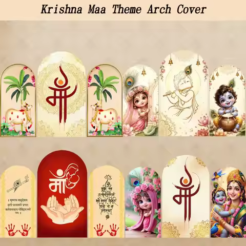 Traditional Indian Maa Theme Arch Backdrop Cover Godh Bharai Ganesh Cow Pattern Peacock Birthday Par