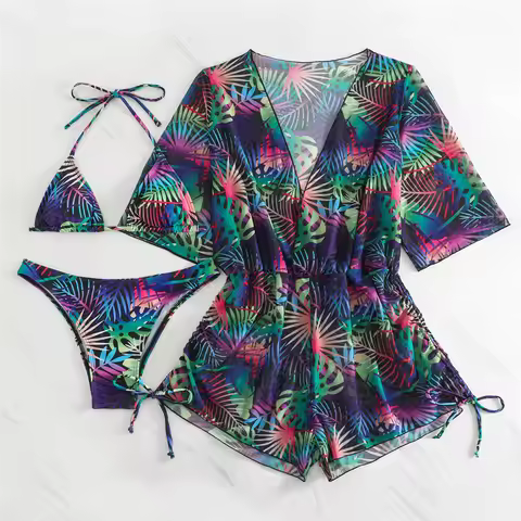 Tropical Print Bikinis Shorts Set Cover-up Swimsuit Y2K Vacation Swimwears Micro String Bathing Suit