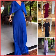 fulaide Womens Wedding Guest Dress High Waist V-Neck Chiffon Dress Batwing Sleeve Flowy A-line Pleat