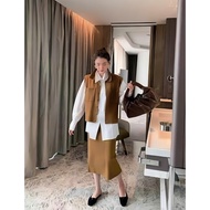 Set of suede vest and skirt with trendy loose shirt A2197 - A2198