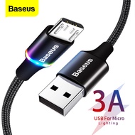 สายชาร์จ Baseus Micro USB 3A สายชาร์จ LED แบบเร็วสำหรับ Samsung Xiaomi Android Mobile Phone สายไฟ 1/2/3m