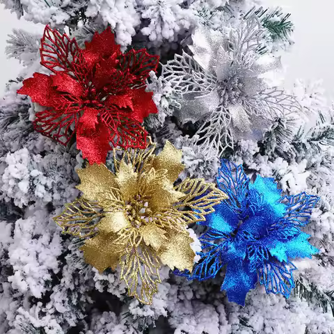 20pcs 9cm Artificial Christmas Flowers Glitter Xmas Tree Flowers Christmas Tree Ornaments for New Ye