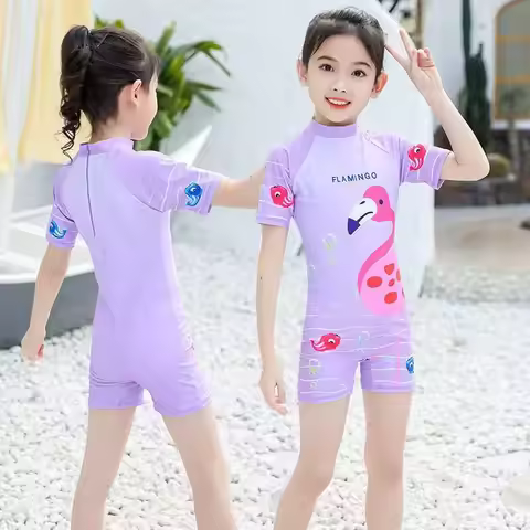 News Girls Swimwear One-Piece Flamingo Swimsuit Summer Long Sleeve Swimming Beach Wear Kids Children
