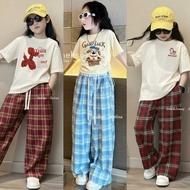 Set of girls' cotton shirt short sleeve, loose long pants (26BH35) baju budak perempuan set