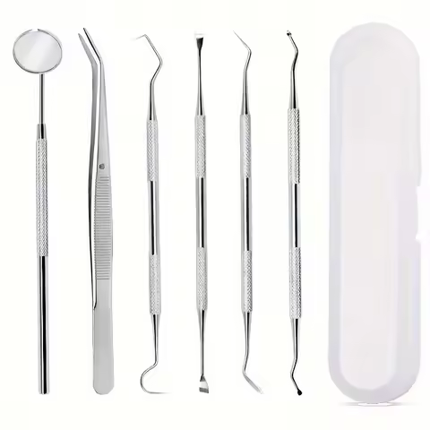 6-Piece Tooth Tools Set, Stainless Steel Oral Hygiene Kit With Mouth Mirror, Non-Slip Patterned Hand