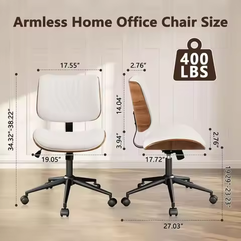 Armless Home Office Chair, Desk Chair with Wheels, Adjustable Height Reading Chair, Leather Mid Back