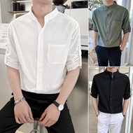 Men's Aesthetic Simple Casual Loose Cotton&linen Chinese Collar 3 4 Sleeve Shirt with Pocket Green\ 