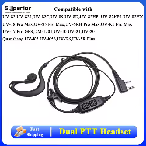Baofeng UV-82 Dual PTT Earpiece Original for UV-8D UV-82HP UV-25L Walkie Talkie Headset UV-18 UV-5RH