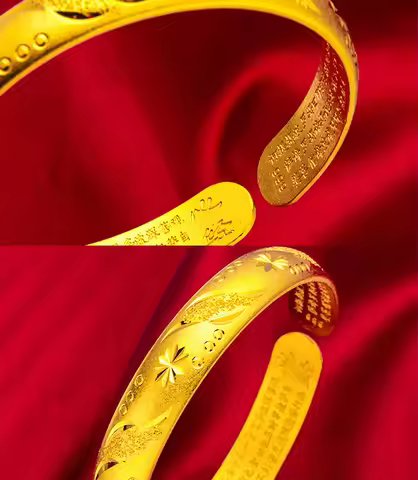 24K Gold Heart Sutra Open Bracelet AU999 Chinese style outfit in gold highlights the oriental Buddhi