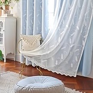 Amidoudou 1 Pair of Double-Layered Embroidered Lace Curtains with Valances Featuring Wheat Ears Patt