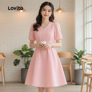 (trendy2)Lovito Elegant Dress Zipper Button Front Button Good Texture Spring/summer Pink Dress for W