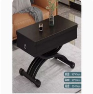 ONE - 升降茶几餐桌組合,餐桌茶几電腦桌化妝桌多用途升降摺疊可移動免安裝(岩板啞光+馬薩黑+松木板+2抽屜)90x45cm